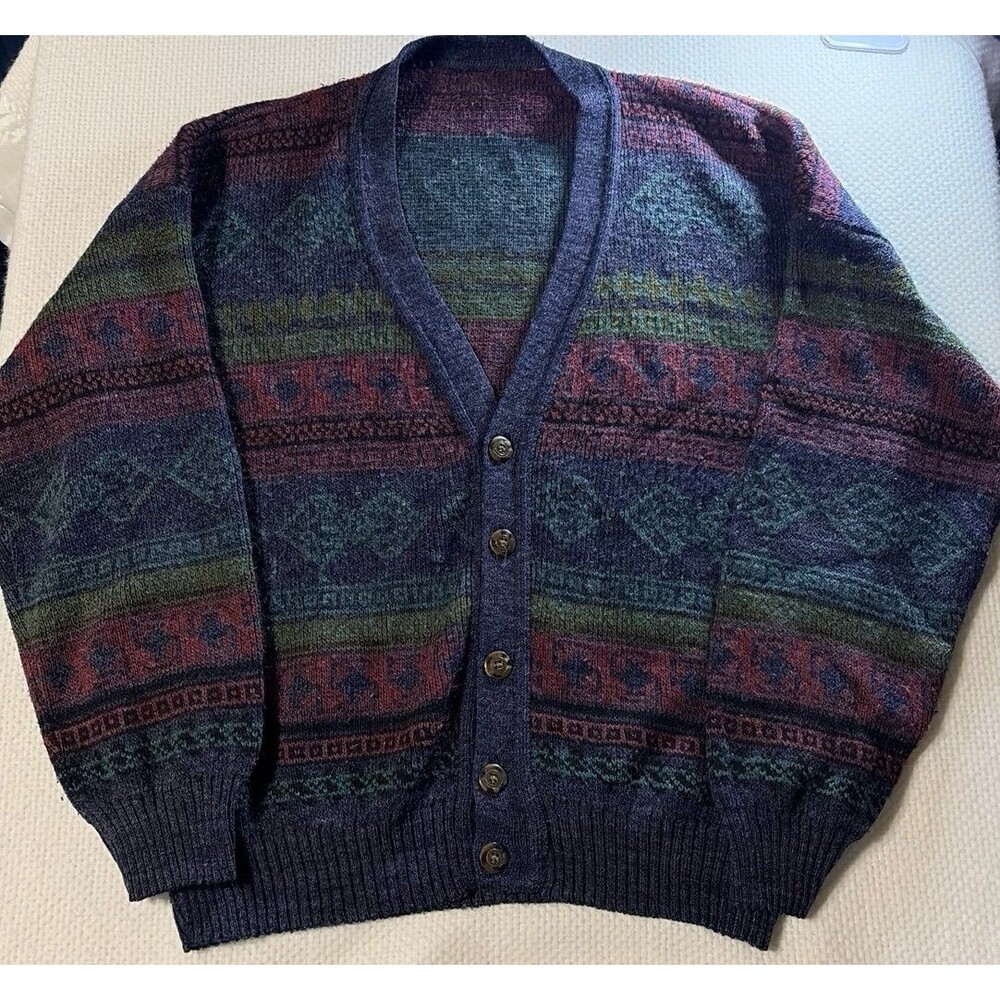 Vintage Style Multi-Color Knit Cardigan Sweater - Geometric Fair Isle Pattern